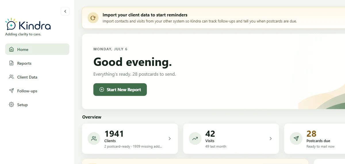 Kindra specialty-clinic operations dashboard with report, client, follow-up, and setup navigation