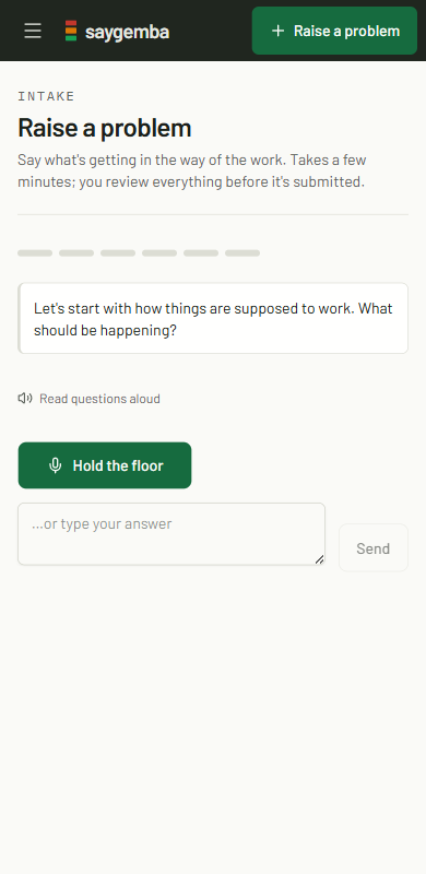 saygemba mobile voice intake asking a frontline worker to describe how work should happen