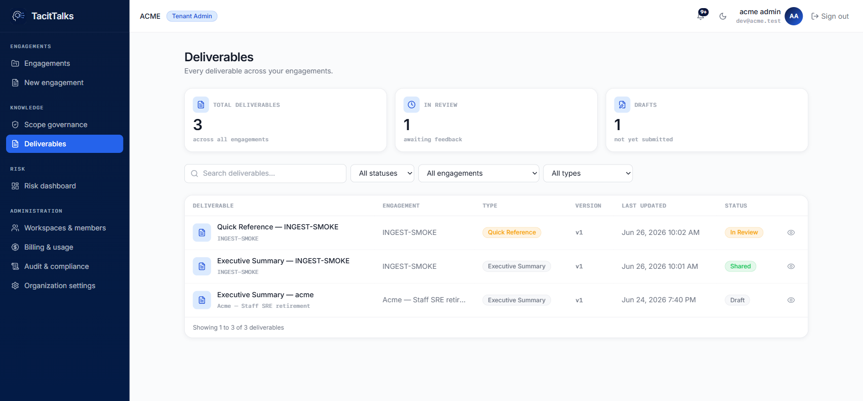 TacitTalks deliverables library showing reviewed and shared knowledge-transfer artifacts